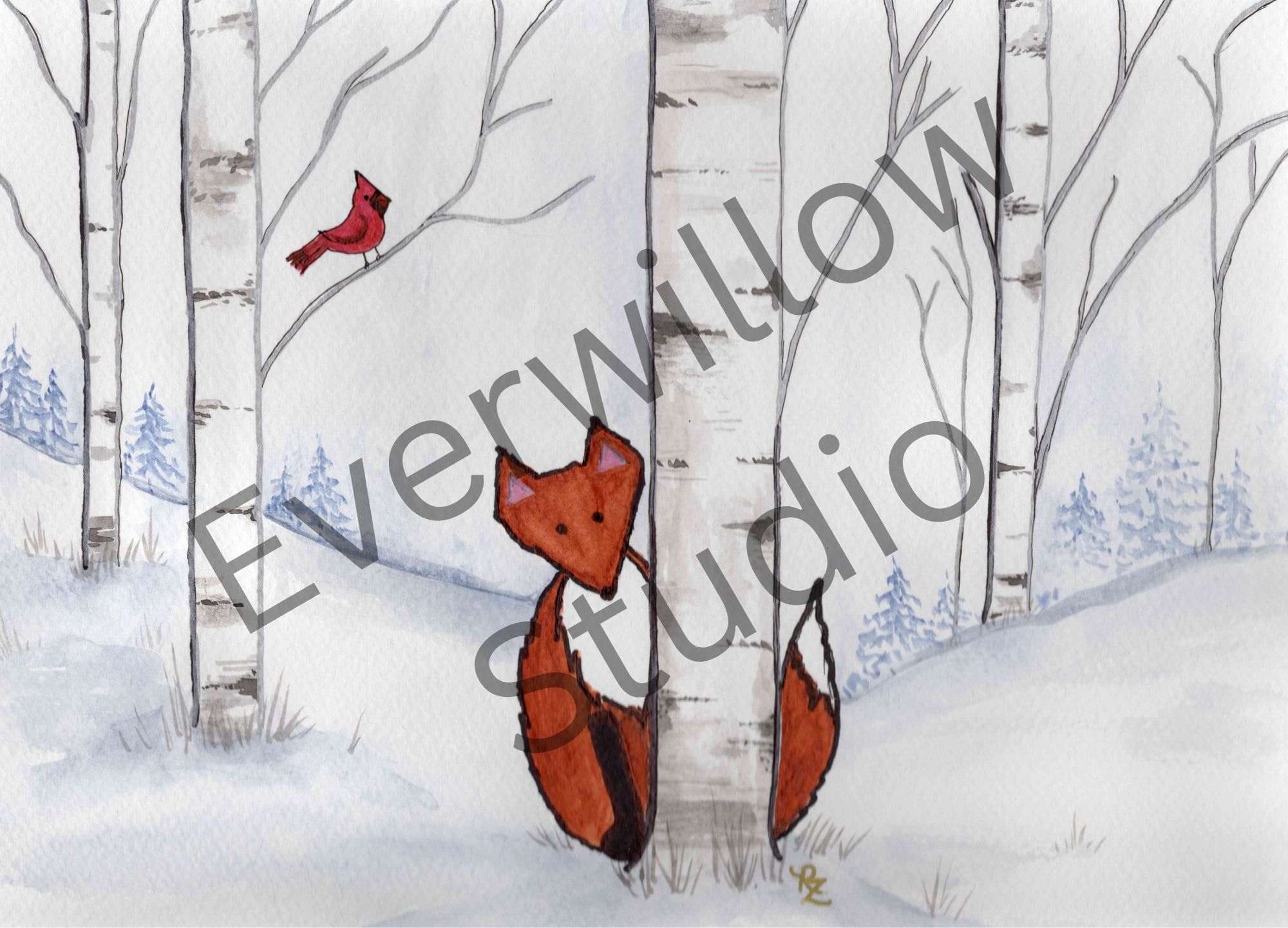 Fox in Birch Trees with Cardinal — original watercolor fine art print by Rose