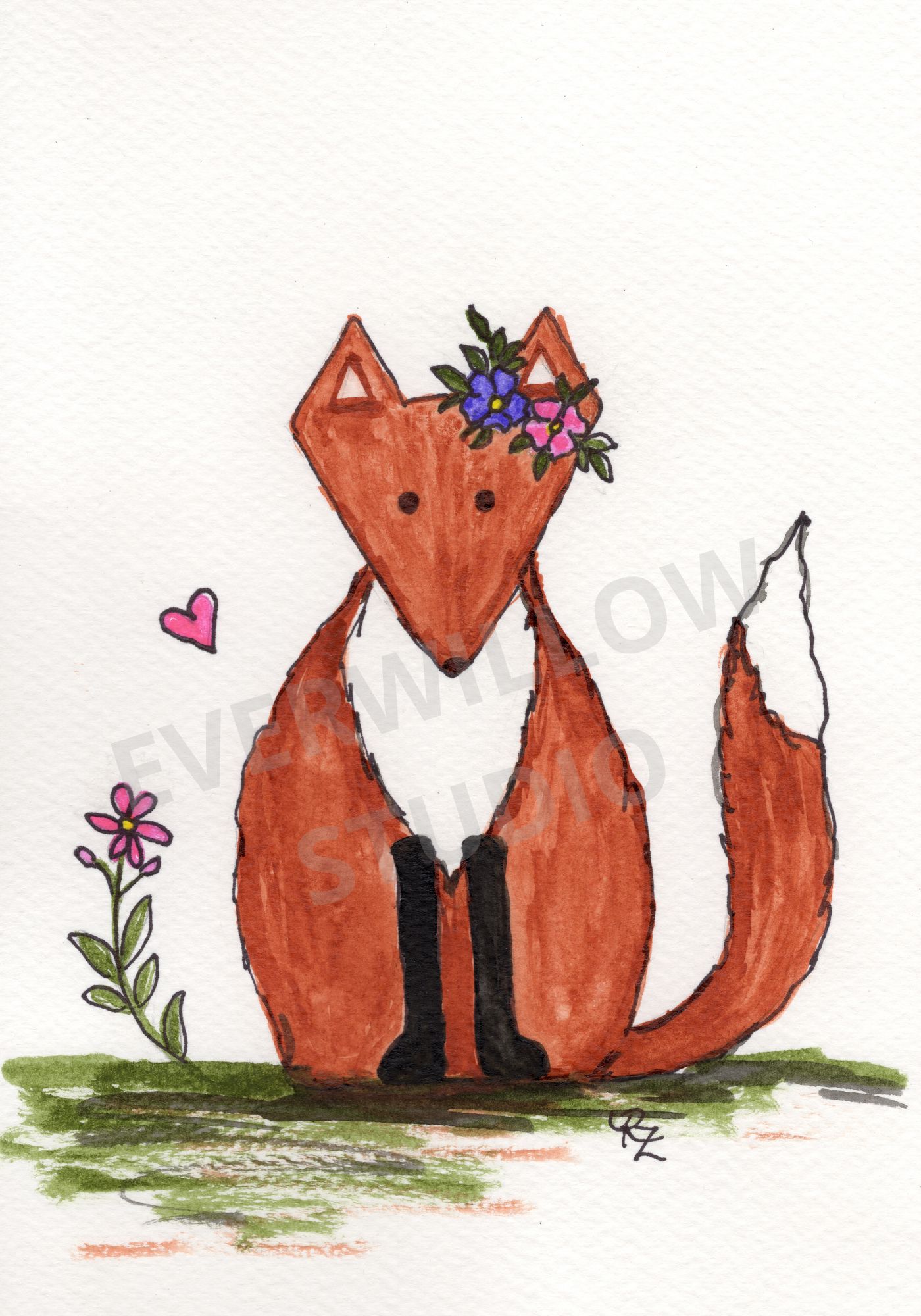 Fox with Flowers — original watercolor greeting card by Rose