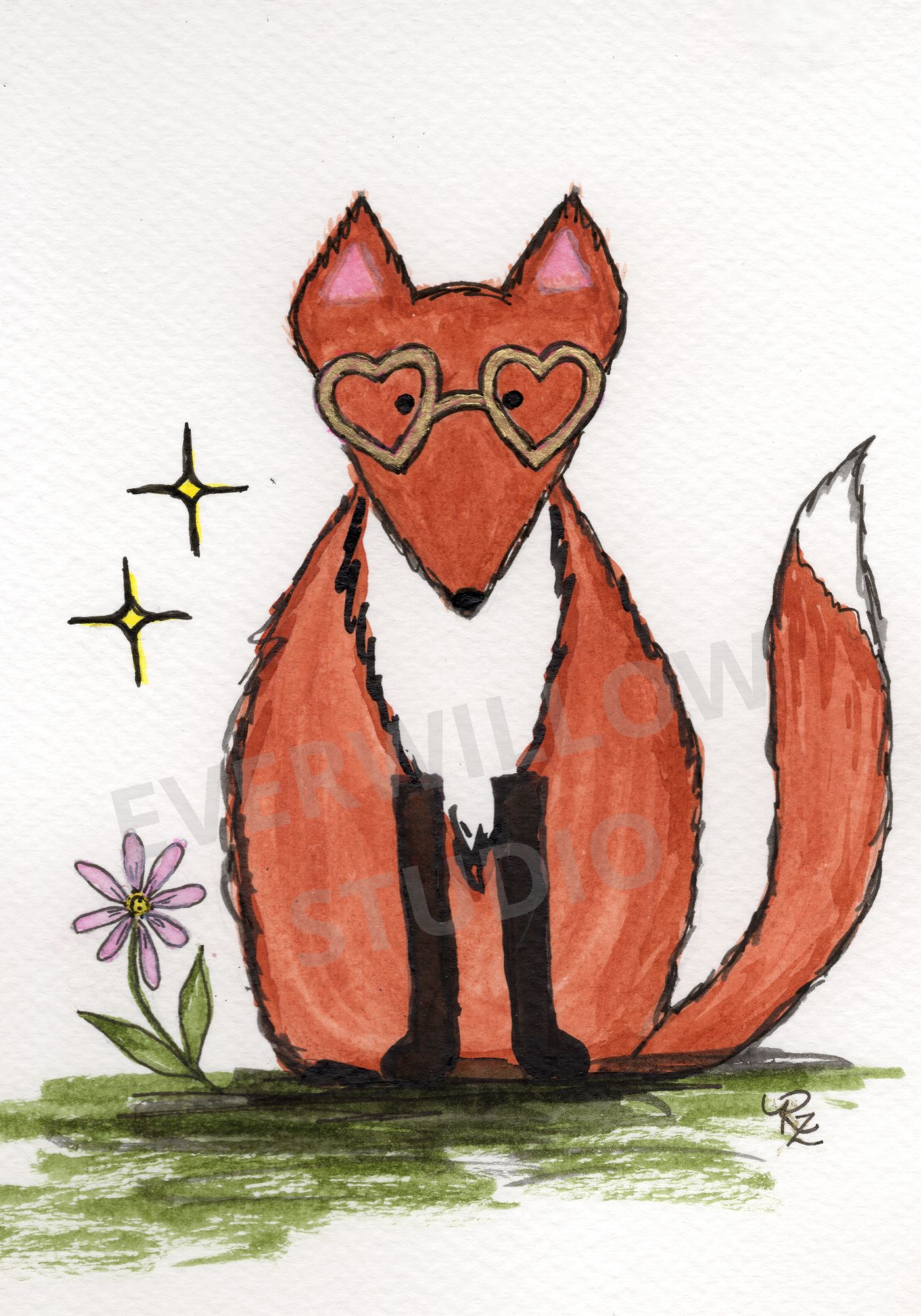 Fox with Heart Glasses — original watercolor greeting card by Rose