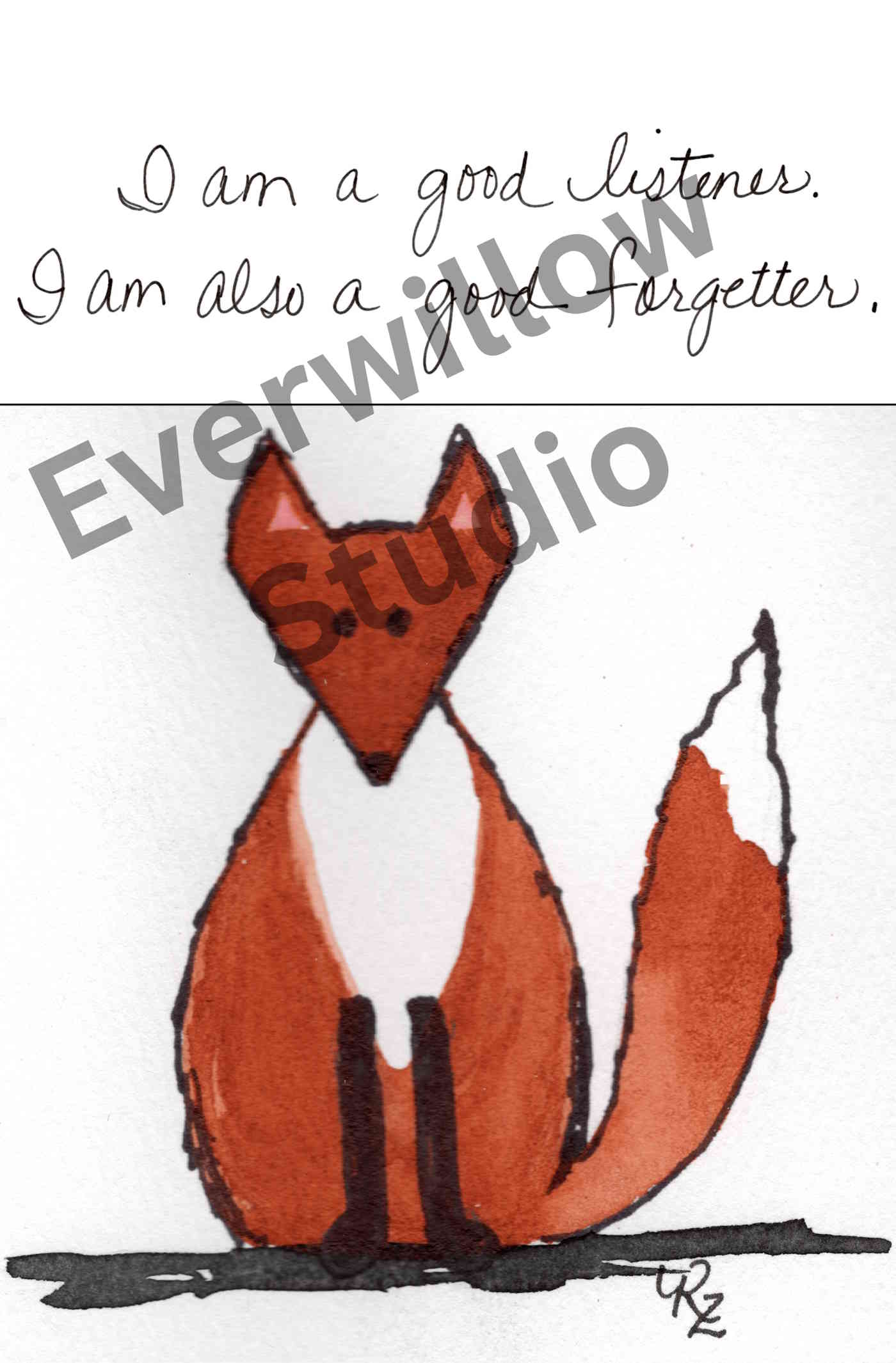 Sitting Fox Quote Card — original watercolor and hand-lettered greeting card by Rose